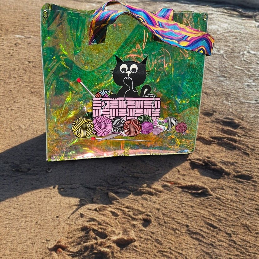 Renkli Saplı Şeffaf Kedi Desenli Kol Çantası - Görsel 2