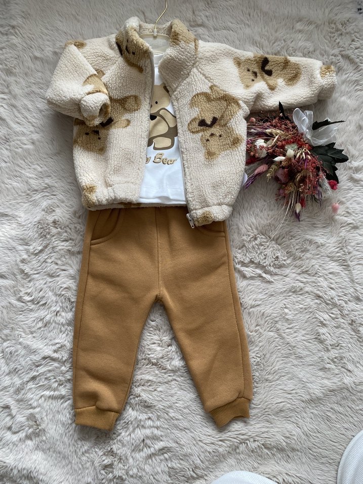 Kahverengi Peluş Detaylı Bebek Erkek Takımı - Görsel 3