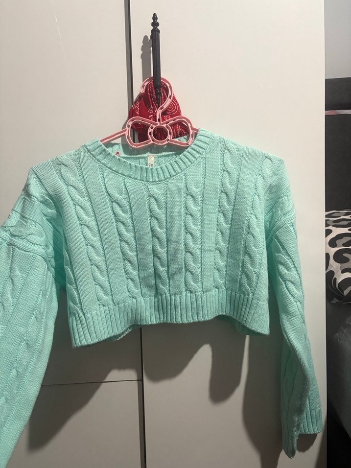 Turkuaz Örgü Kısa Kadın Kazak - Görsel 3