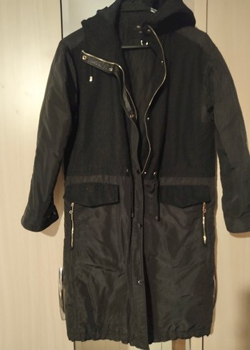 Massimo Dutti Siyah Kapüşonlu Kemerli Uzun Kadın Ceket