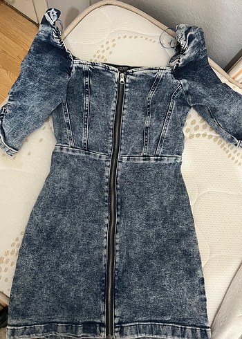 s Beden Mavi Straplez Düğmeli Denim Mini Elbise
