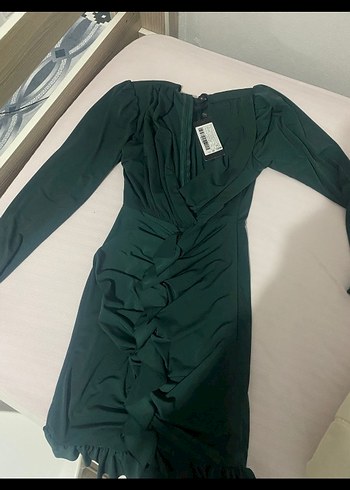 Drapeli V Yaka Uzun Kollu Yeşil Abiye - Görsel 2