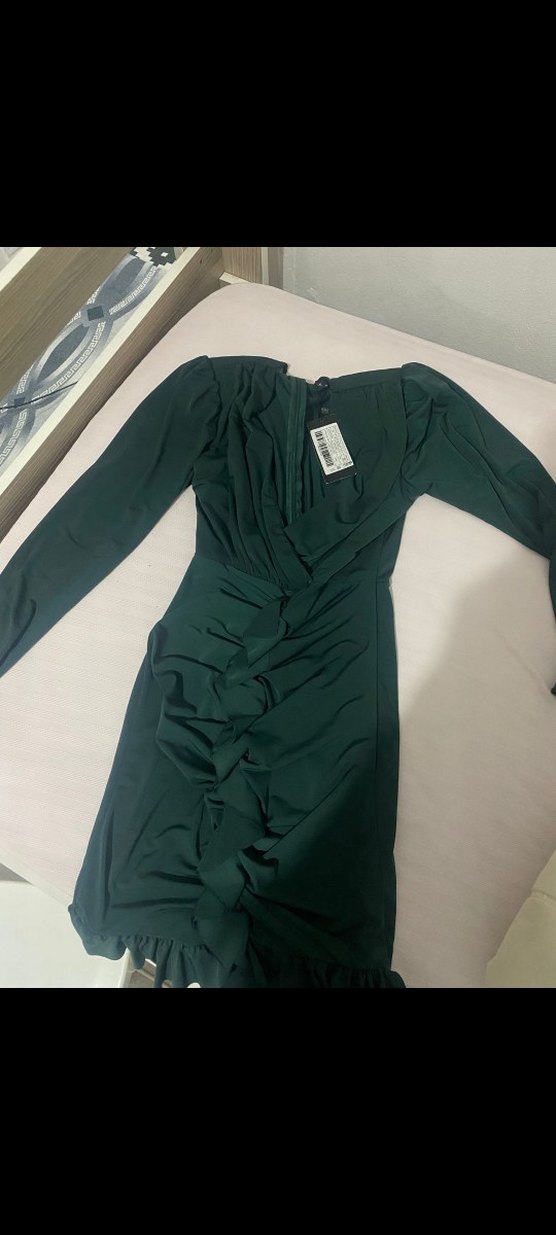 Drapeli V Yaka Uzun Kollu Yeşil Abiye - Görsel 2