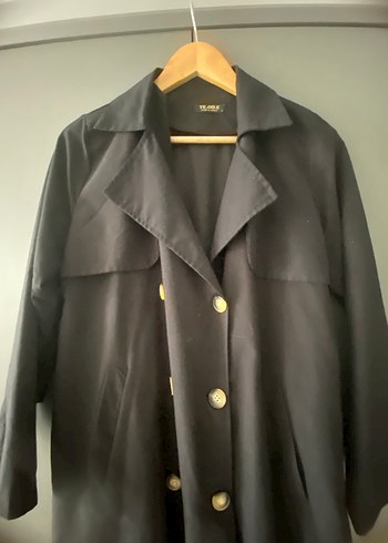 Siyah Uzun Keten Kadın Trençkot - Görsel 3