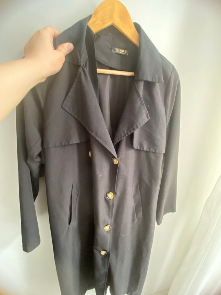 Siyah Uzun Keten Kadın Trençkot - Görsel 5