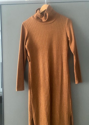 Bej Uzun Triko Elbise Yüksek Yaka - Görsel 2