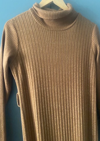 Bej Uzun Triko Elbise Yüksek Yaka - Görsel 4