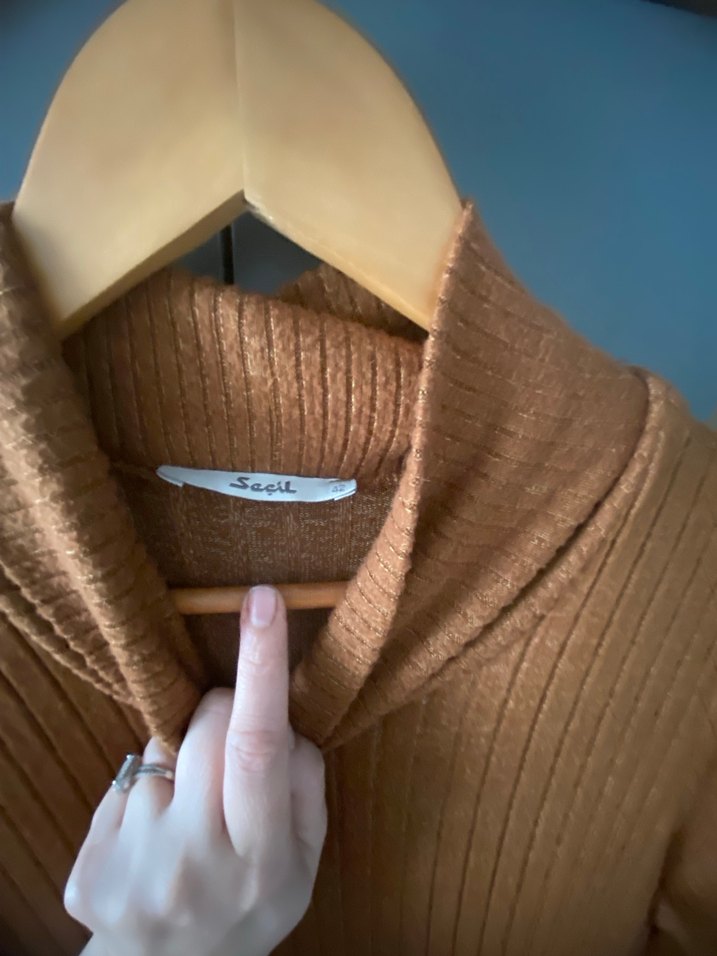 Bej Uzun Triko Elbise Yüksek Yaka - Görsel 3