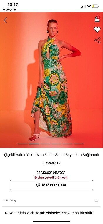 m Beden Koton çiçekli halter yaka saten uzun elbise