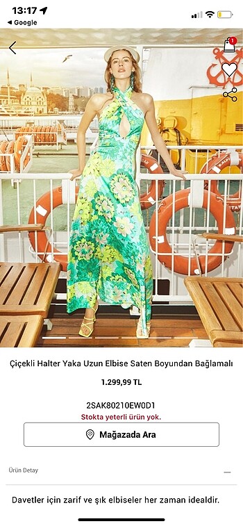 Koton çiçekli halter yaka saten uzun elbise