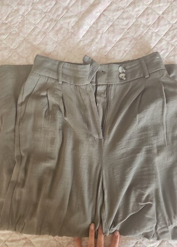 Diğer Haki Keten Beli Kuşaklı Salaş Kadın Pantolon