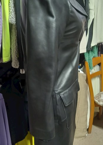 Düğmeli Siyah Uzun Deri Ceket - Görsel 3