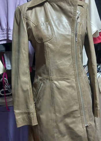 Bej Deri Kadın Biker Ceket - Görsel 2