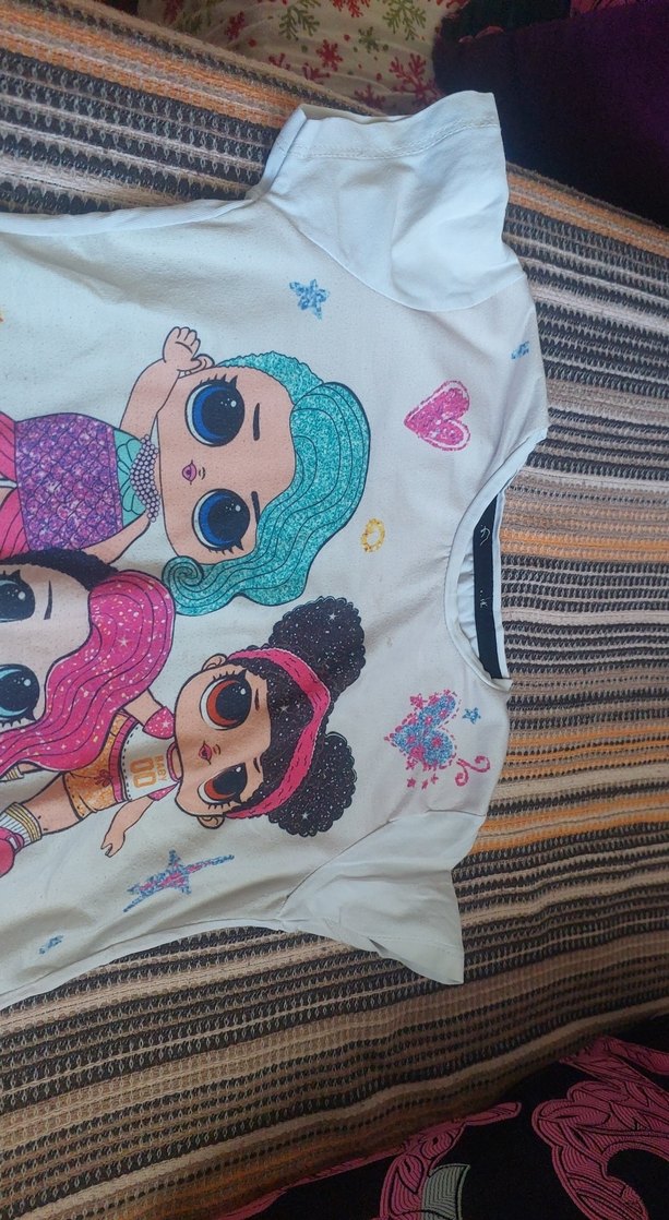 Kız Çocuk Renkli Baskılı Tişört Dantel Detaylı - Görsel 2