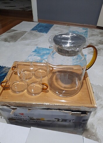 Bambu tepsili fincan ve çaydanlık takımı 
