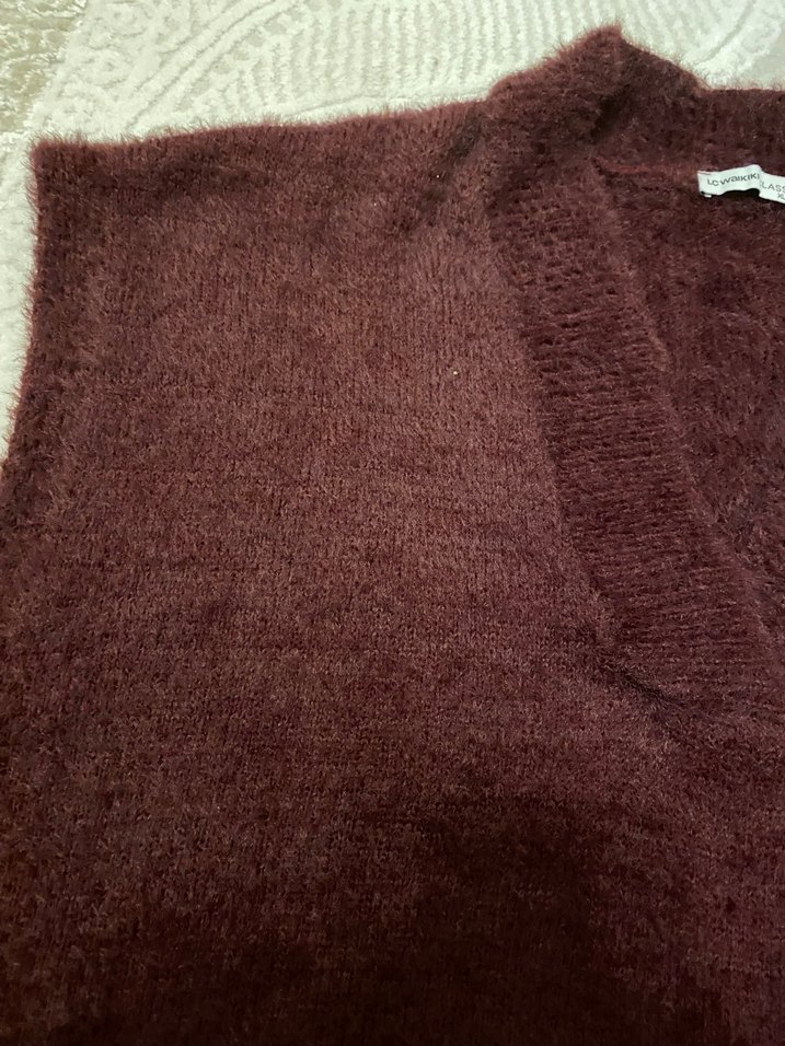 Bordo V Yaka Örgü Kadın Kazak - Görsel 3