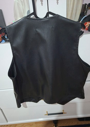 Düğmeli Siyah Deri Kadın Yelek - Görsel 2