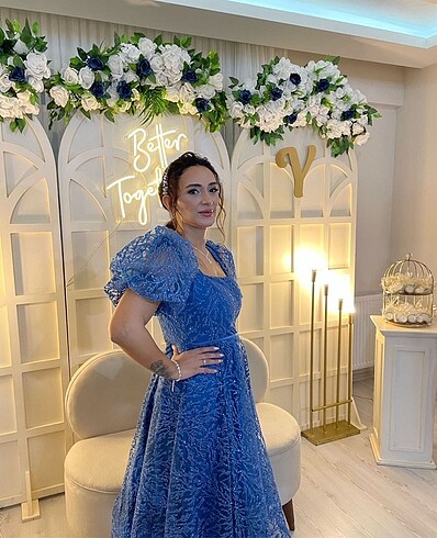 40 Beden mavi Renk İndigo balon kol simli midi elbise