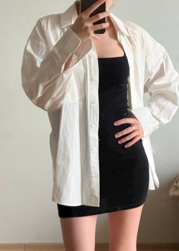 Beyaz Keten Oversize Gömlek - Görsel 3