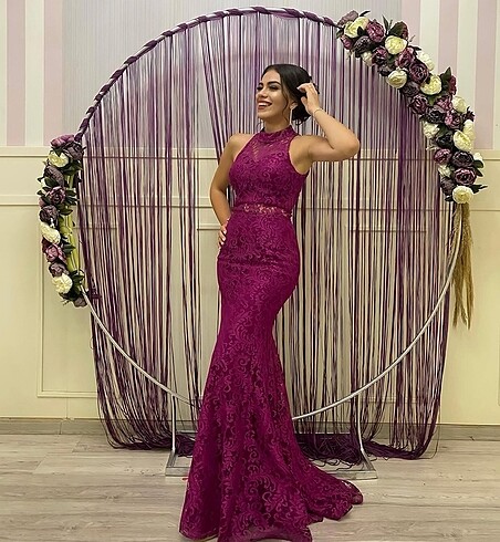 Bordo dantel detaylı abiye