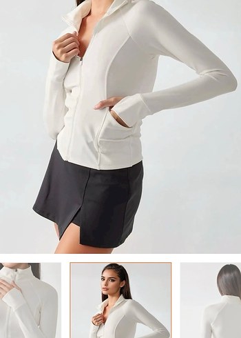 Beyaz V-Yaka Fermuarlı Uzun Kollu Mini Üst - Görsel 4