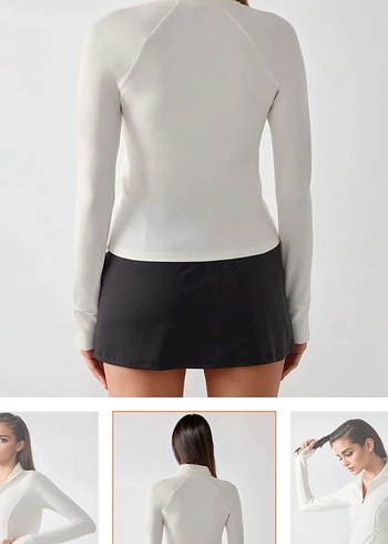 Beyaz V-Yaka Fermuarlı Uzun Kollu Mini Üst - Görsel 5