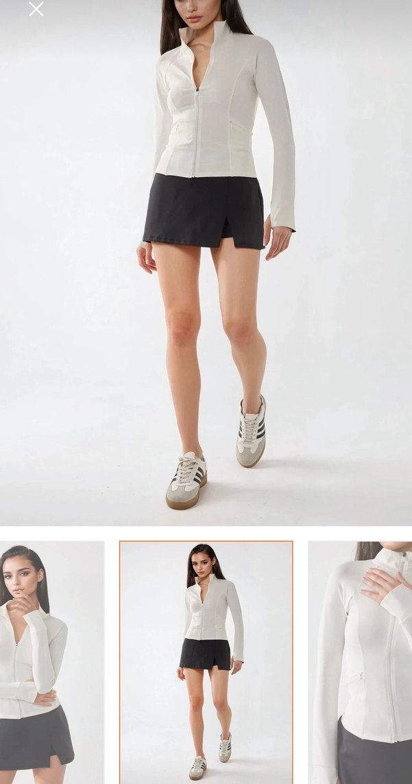 Beyaz V-Yaka Fermuarlı Uzun Kollu Mini Üst - Görsel 2