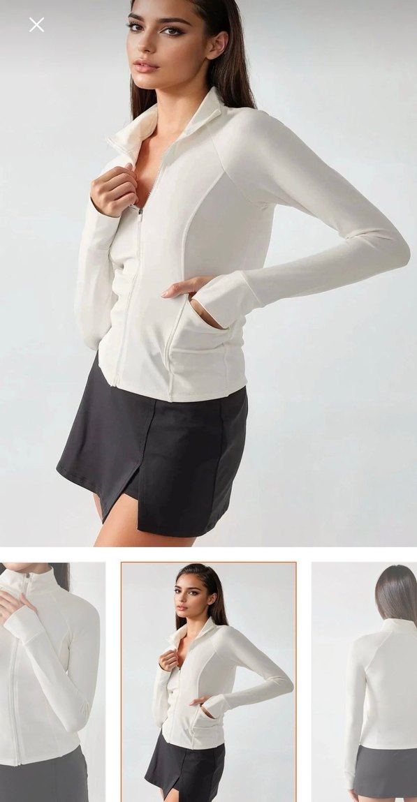 Beyaz V-Yaka Fermuarlı Uzun Kollu Mini Üst - Görsel 4