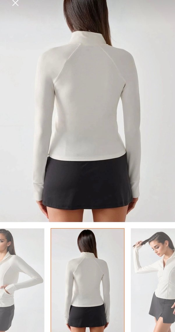 Beyaz V-Yaka Fermuarlı Uzun Kollu Mini Üst - Görsel 5