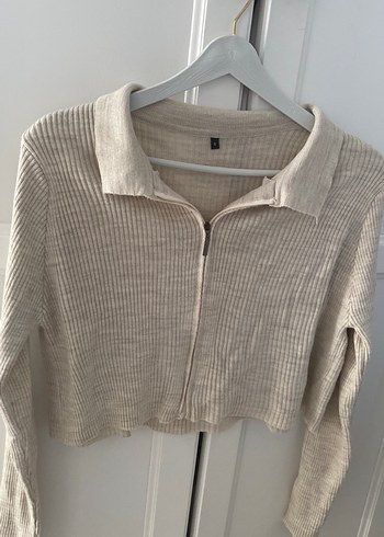 Bej Fermuarlı Uzun Kollu Triko Kazak - Görsel 2