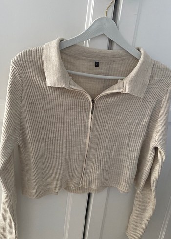 Bej Fermuarlı Uzun Kollu Triko Kazak - Görsel 3