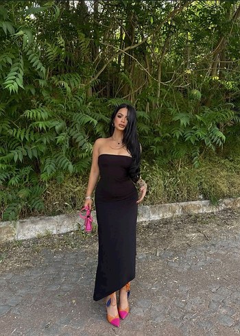 Siyah Straplez Uzun Kadın Elbise - Görsel 2