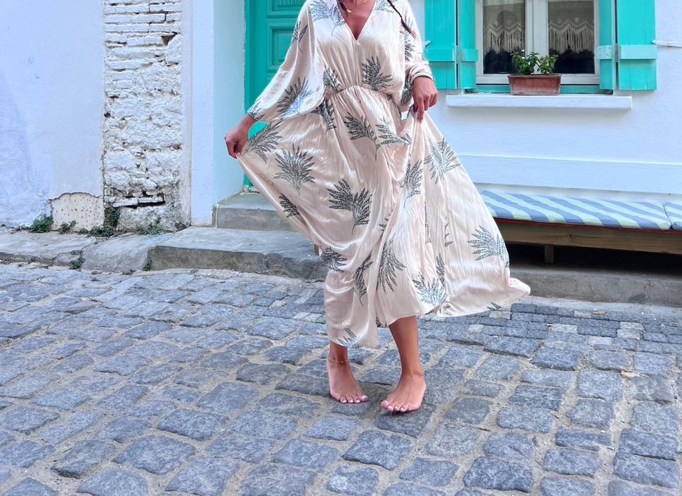 Bohem V Yaka Uzun İpek Elbise - Görsel 2