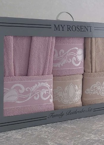 Pembe Nakışlı Aile Bornoz Seti