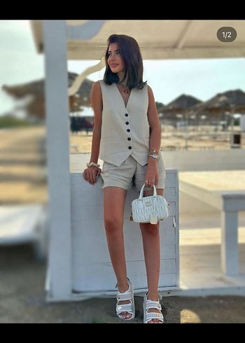 Zara Zara Bej Keten Mini Kadın Takım