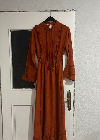 Uzun Kol Robalı Kahverengi Tesettür Elbise - Görsel 2