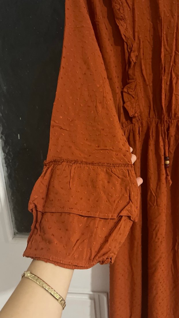 Uzun Kol Robalı Kahverengi Tesettür Elbise - Görsel 4