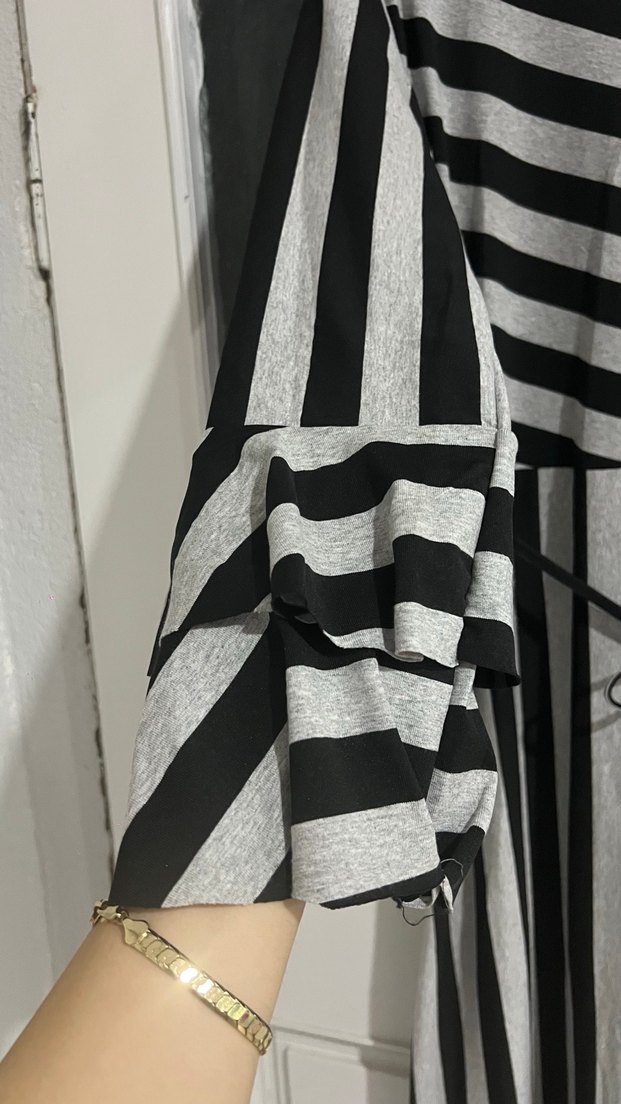 Uzun Zebra Desenli Drapeli Siyah Elbise - Görsel 3