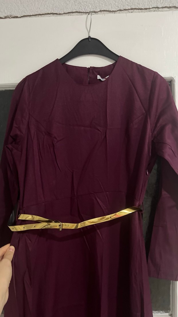 Bordo Drapeli Uzun Tesettür Elbise - Görsel 3