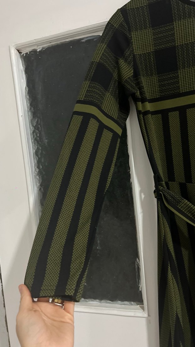 Koyu Haki Uzun Kollu Kuşaklı Elbise - Görsel 4