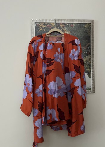 LC Waikiki Turuncu Lila Cicekli Uzun Kimono Takim