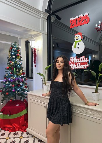 Siyah Straplez Mini Puf Kollu Denim Elbise - Görsel 2