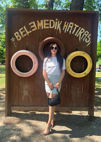 Beyaz Batik Desenli Mini Denim elbise - Görsel 2