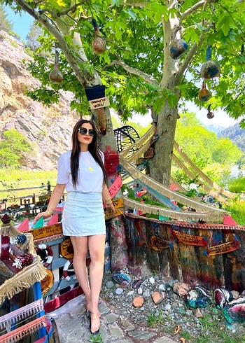 Beyaz Batik Desenli Mini Denim elbise - Görsel 3