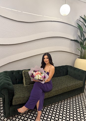 Mor Saten Straplez Drapeli Uzun Abiye Elbise - Görsel 3