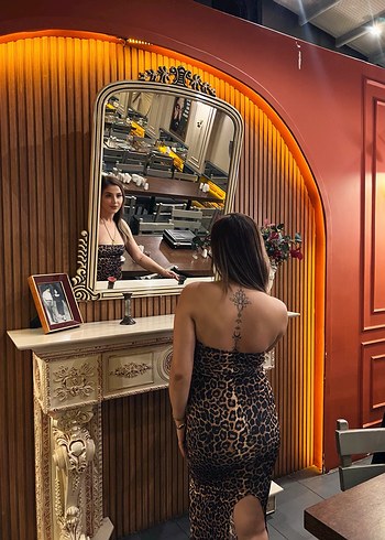 Saten Leopar Desenli Uzun Straplez Elbise - Görsel 2