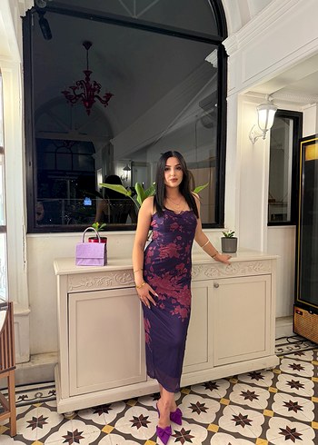 Kadın Mor Midi Drapeli İnce Askılı Elbise - Görsel 4