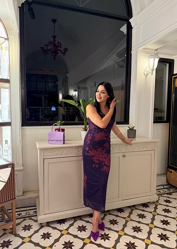 Kadın Mor Midi Drapeli İnce Askılı Elbise - Görsel 3