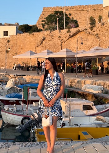 Mavi V Yakalı Kısa Bohem Elbise - Görsel 2