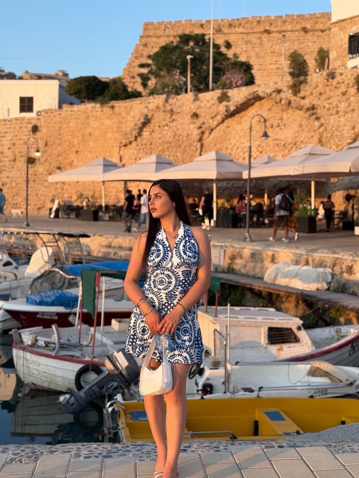 Mavi V Yakalı Kısa Bohem Elbise - Görsel 2